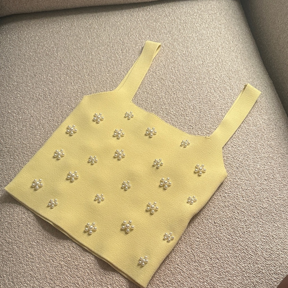 Zara Yellow Crop Top with Pearl Embellishments